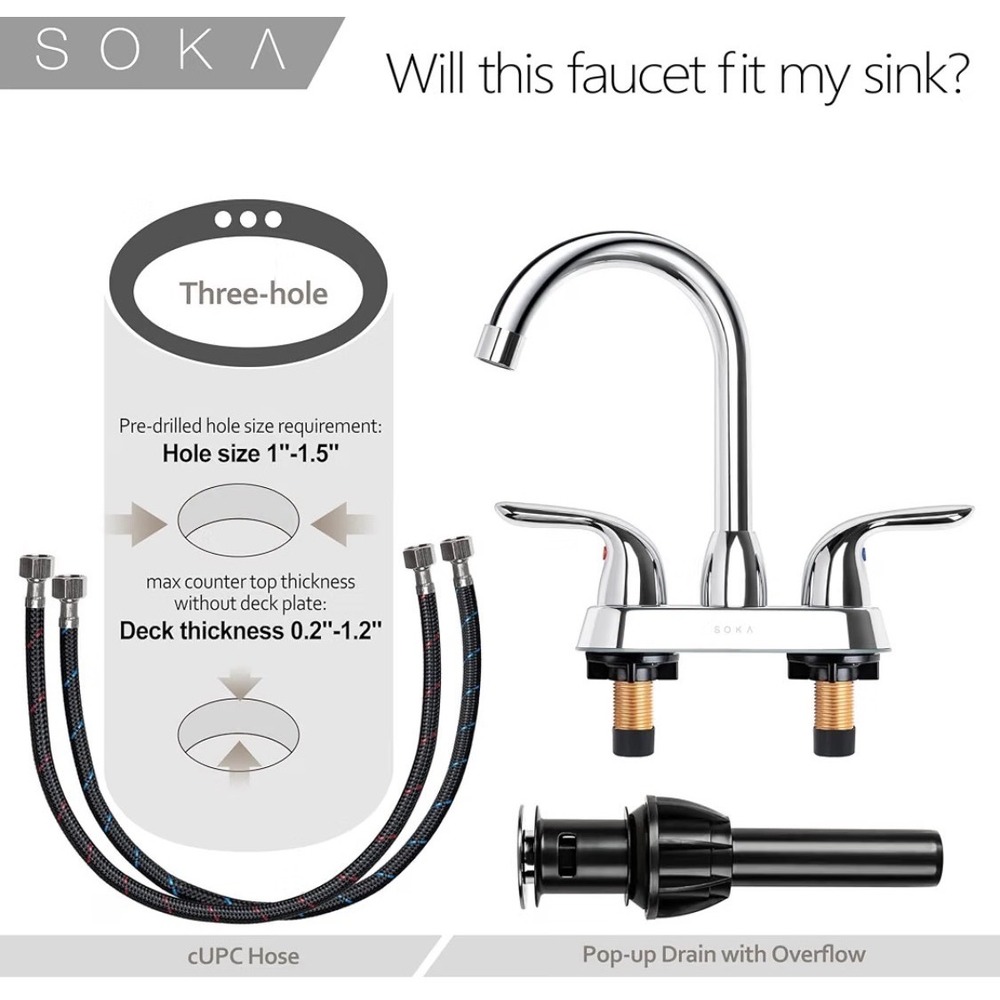Soka Chrome Bathroom Sink Faucet Two Handle Goose Neck Assembly Brand New In Box - Picture 10 of 15